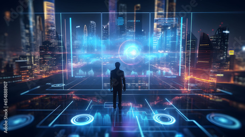 A futuristic technology interface displaying holographic data under neon lights