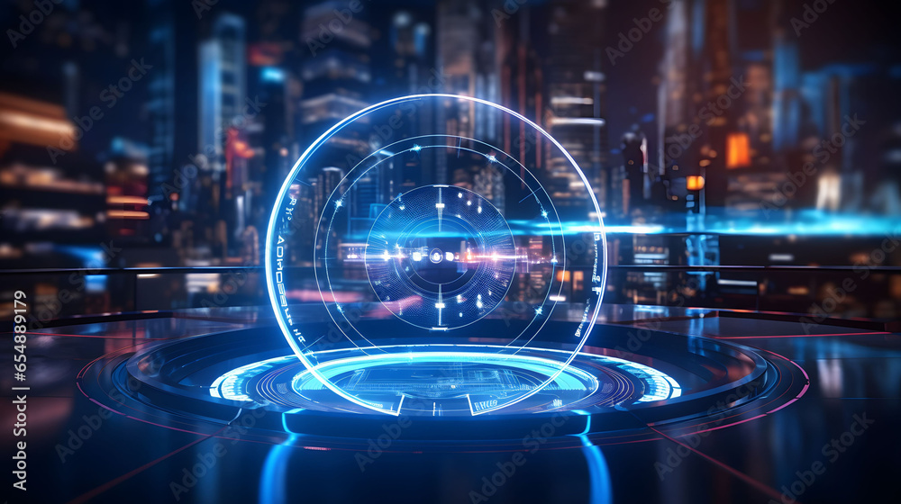 Fototapeta premium A futuristic technology interface displaying holographic data under neon lights