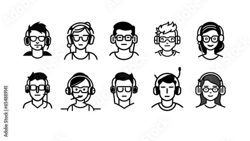 Call center people. Set of vector faces of people with headphones.