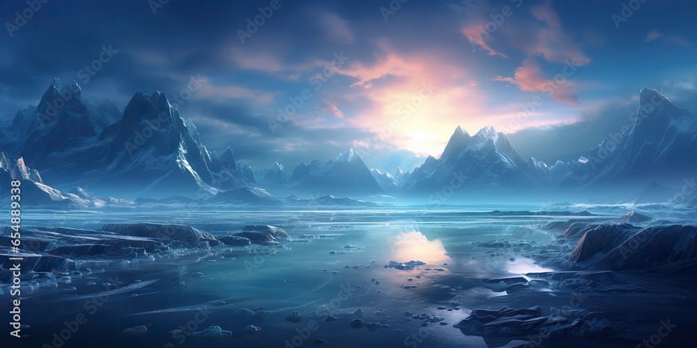 AI Generated. AI Generative. Winter ice snow frozen lake nature outdoor background with mountains landscape. Graphic Art