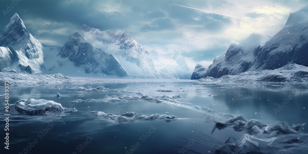 AI Generated. AI Generative. Winter ice snow frozen lake nature outdoor background with mountains landscape. Graphic Art AI Generated. AI Generative. Winter ice snow frozen lake nature outdoor background with mountains landscape. Graphic Art