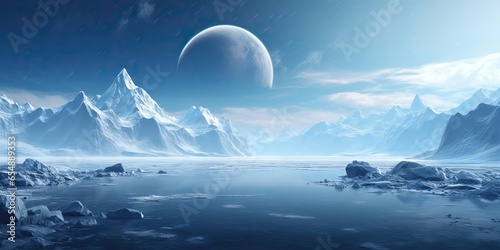 AI Generated. AI Generative. Winter ice snow frozen lake nature outdoor background with mountains landscape. Graphic Art © AkimD