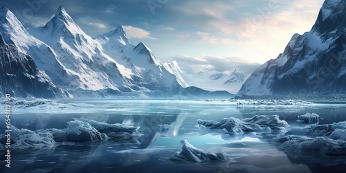 AI Generated. AI Generative. Winter ice snow frozen lake nature outdoor background with mountains landscape. Adventure polar exploration tour © Graphic Warrior