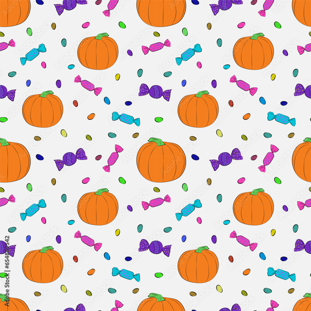 Seamless background with pumpkin, lollipops and candies, sweets
