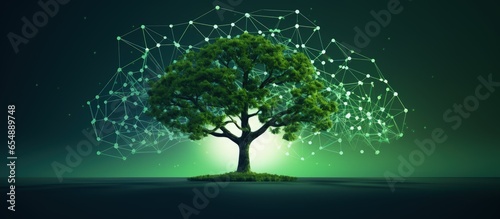 ESG concept symbolizes sustainability ethics and responsible business on a green Network background with a small tree with copyspace for text © 2rogan