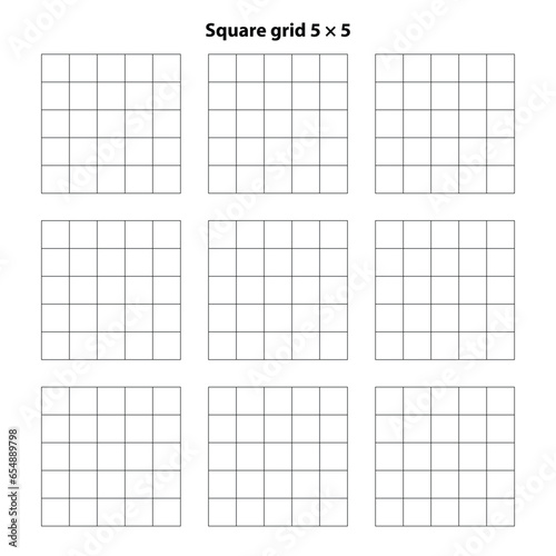 Square grid with 5 by 5 9 squares, grid. texture background, vector illustration. White backdrop with abstract grid lines and black square lines.