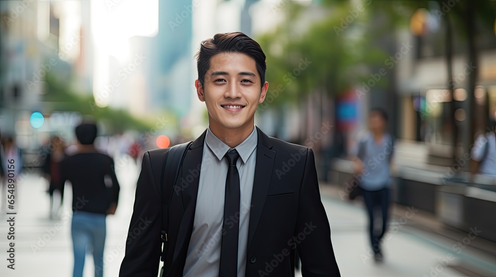 portrait of a handsome smiling white young businessman boss in a black suit walking on a city street to his company office. blurry street background, confident portrait of a handsome smiling white young businessman boss in a black suit walking on a city street to his company office. blurry street background, confident