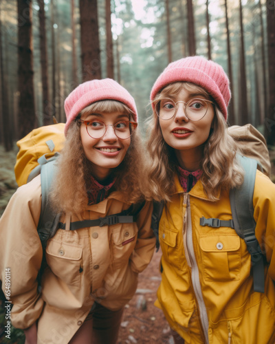 Two beautiful women wearing autumn jackets, hats, and backpacks stand smiling in the yellow-hued forest, embodying the joy and freedom of an outdoor hiking adventure