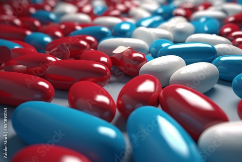 3D illustration of pills in blue and red colors. Generative AI