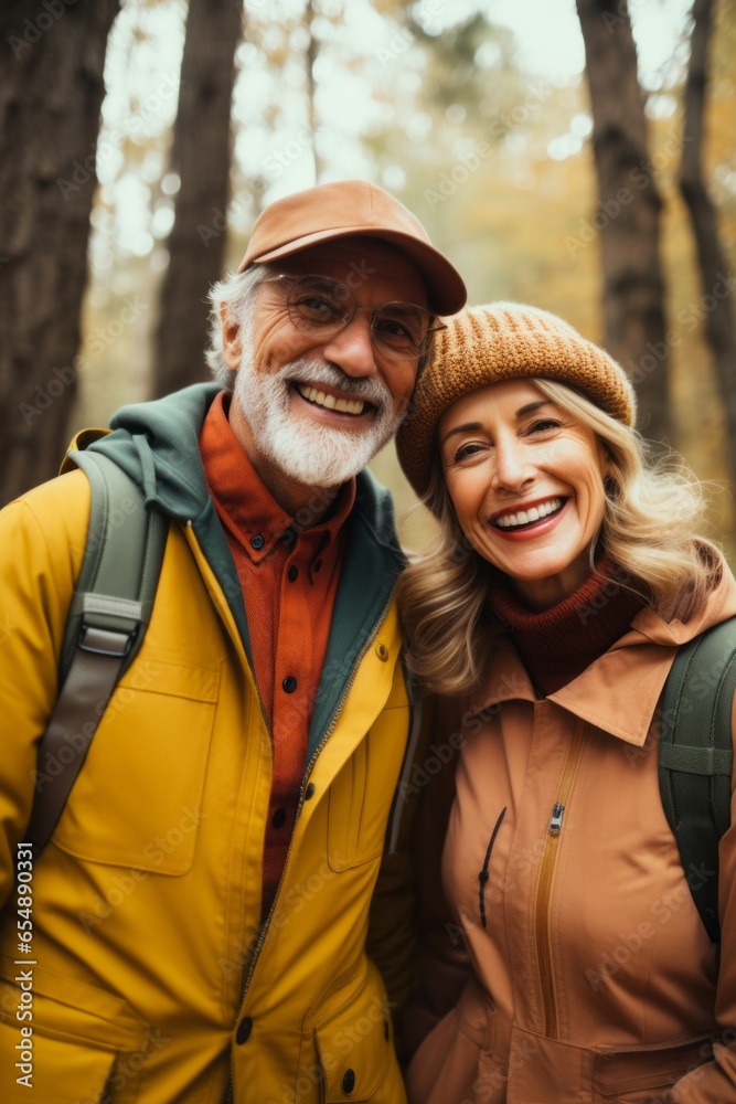 A beautiful autumn portrait of a older senior mature man and woman smiling and standing outdoors, wearing cozy jackets and scarves, captures the joy of people hiking and exploring nature together