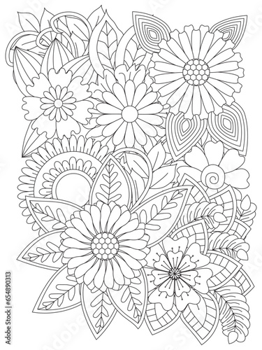 Black and white flower pattern for coloring. Doodle floral drawing. Floral doodles in black and white. Coloring pages for adult.