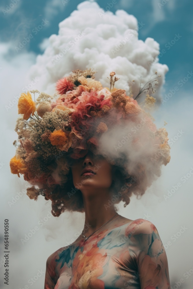 A beautiful portrait of a woman with flowers in her hair against a backdrop of vibrant autumn sky and clouds captures the wild and dreamy essence of outdoor art, flowers smoke air explosion A beautiful portrait of a woman with flowers in her hair against a backdrop of vibrant autumn sky and clouds captures the wild and dreamy essence of outdoor art, flowers smoke air explosion