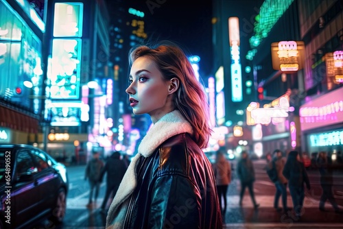 Beautiful stylish girl in leather jacket on a night city street with people and cars. Fashion photography, glowing neon signs