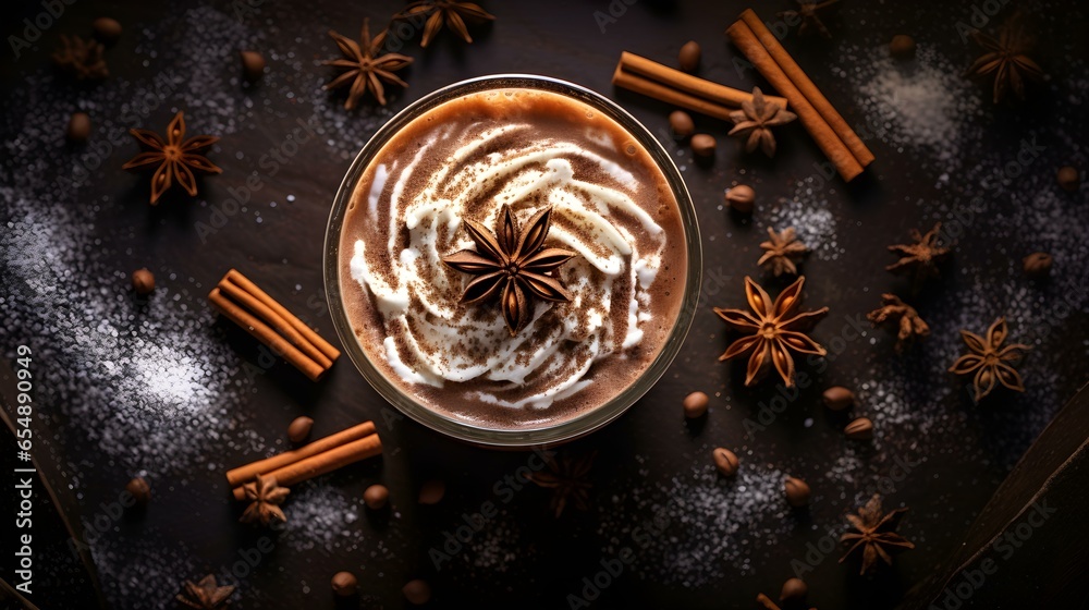 Overhead Shot of Hot Chocolate topped with Cream and Candy. Cozy Winter Background Overhead Shot of Hot Chocolate topped with Cream and Candy. Cozy Winter Background