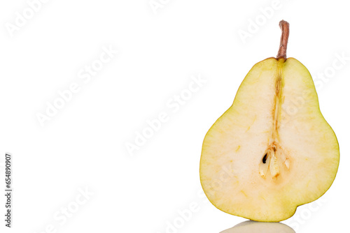 One half of a ripe pear, macro, isolated on white