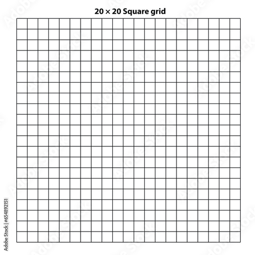 Square grid with 20 by 20 squares, grid texture background, vector illustration. White backdrop with abstract grid lines and black square lines.