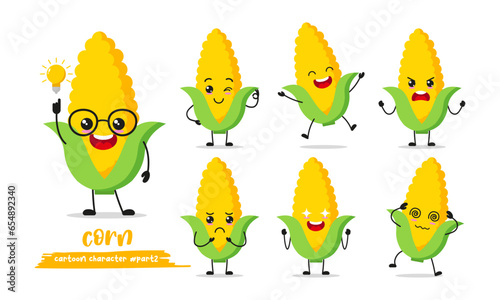 cute corn cartoon with many expressions. vegetable different activity pose vector illustration flat design set.