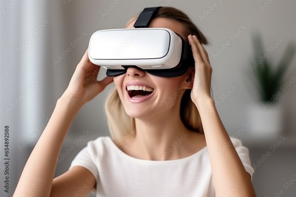 Fototapeta premium Young woman wearing VR augmented reality goggles in futuristic corridor of virtual art gallery exhibition, surreal world and virtual reality, Generative AI 