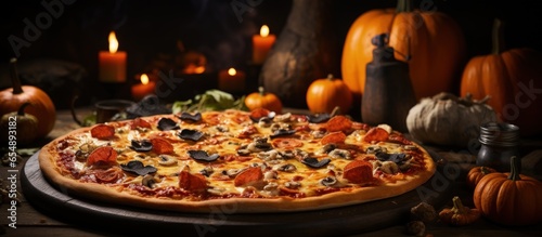 Halloween themed pizza with spooky toppings including bats spiders jack o lantern and assorted cheeses with copyspace for text