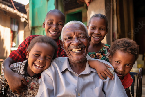 African American family together. Family photo of grandfather, with children and small grandchildren. Children and grandchildren visit elderly parents. Family values. Caring for the elderly. © Anoo