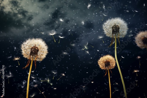 Dandelions floating  blurred dandelion with dark sky. Generative AI
