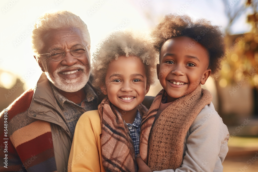 Meeting of grandfather and grandchildren. An elderly dark-skinned man and his grandchildren are happy together. They hug and rejoice at meeting each other. Caring for the elderly. - obrazy, fototapety, plakaty 