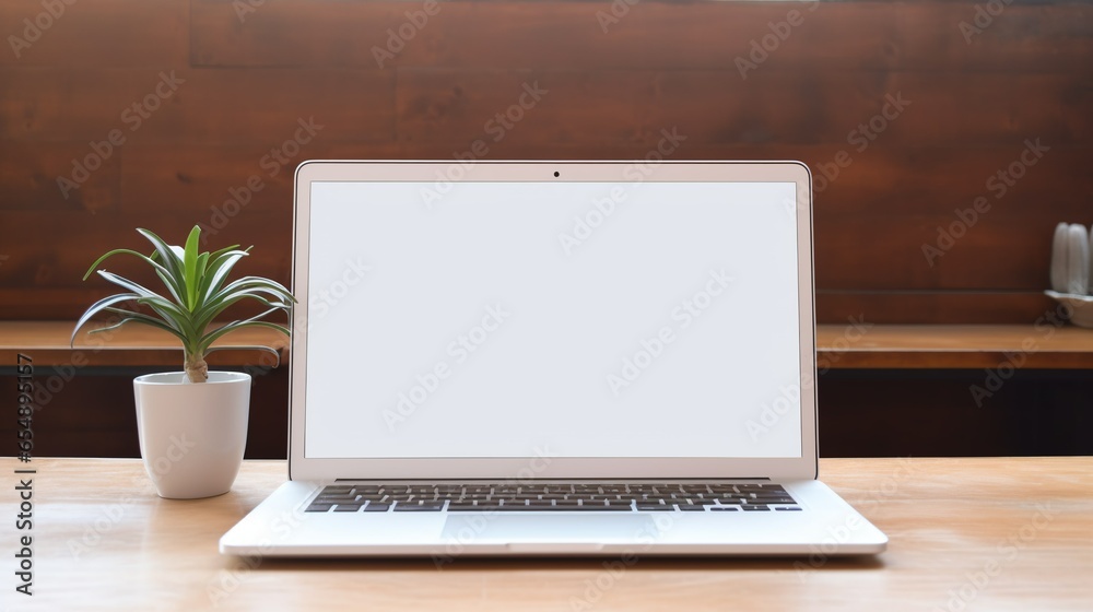 Modern laptop with blank white screen on the table
Modern laptop with blank white screen on the table