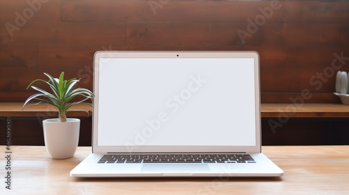 Modern laptop with blank white screen on the table
