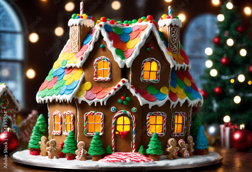 Gingerbread house with decorations and Christmas tree. Generative AI