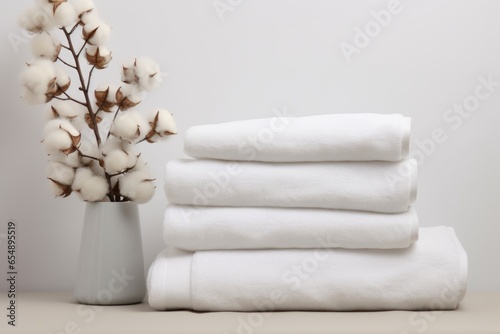 A stack of white towels sitting on top of a table. AI image.