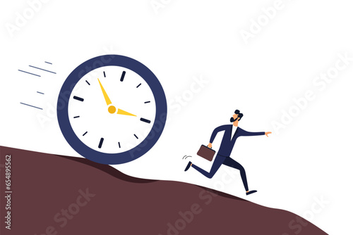 Clock chasing a male businessman, business time concept, countdown or time management concept. Illustration