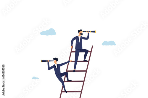 Business opportunity, achieving target concept, confident businessmen climbing stairs with binoculars looking for business idea. Illustration