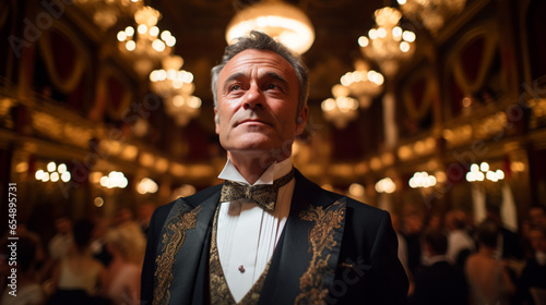 a man of influence enjoys a private concert in an ornate opera house, his tailored suit and enraptured expression mirroring his love for the symphony 