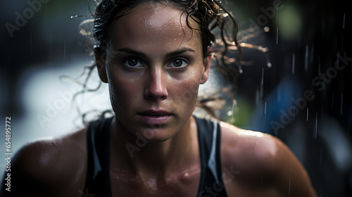 a woman competes in a triathlon, her face determined and resilient as she transitions from swimming to biking, and finally to running, embodying the spirit of endurance. photo