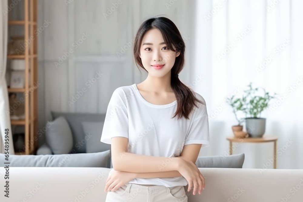 Blank white t-shirt, beautiful asian woman model wearing t-shirt at indoor house background Blank white t-shirt, beautiful asian woman model wearing t-shirt at indoor house background