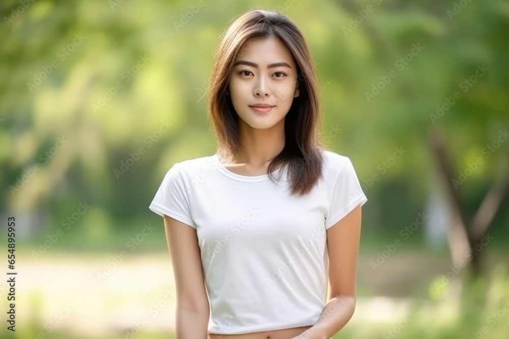 Blank white t-shirt, beautiful asian woman model wearing t-shirt at outdoor background Blank white t-shirt, beautiful asian woman model wearing t-shirt at outdoor background