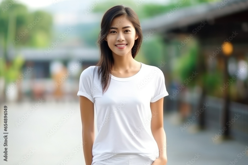 Blank white t-shirt, beautiful asian woman model wearing t-shirt at outdoor background Blank white t-shirt, beautiful asian woman model wearing t-shirt at outdoor background