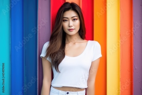 Blank white t-shirt, beautiful asian woman model wearing t-shirt at colorful background