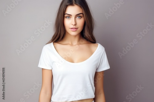 Blank white t-shirt, beautiful woman model wearing t-shirt at gray background