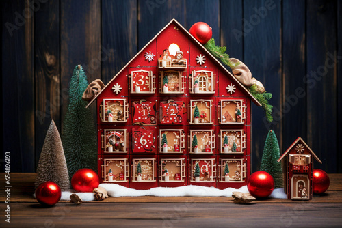 A beautiful and original advent calendar made of natural wood in the form of a house. Unusual decorations on the eve of Christmas