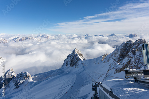 Winter Italy Dolomite mountains covered with snow 