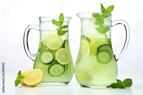 Ice cucumber mint lemonade in glass pitchers isolated on white background