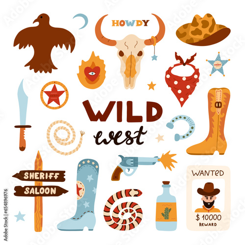 Big Wild West and cowboy set in trendy flat style. Hand drawn simple vector illustration with western boots, hat, snake, cactus, bull skull, sheriff badge star. Cowboy theme with symbols of Texas.