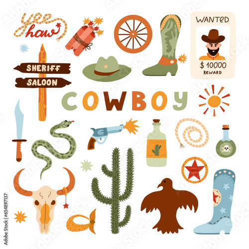 Big Wild West and cowboy set in trendy flat style. Hand drawn simple vector illustration with western boots, hat, snake, cactus, bull skull, sheriff badge star. Cowboy theme with symbols of Texas.
