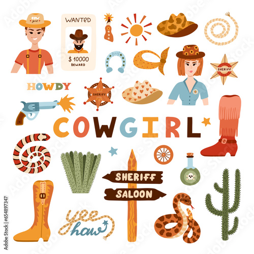Big cowgirl set in trendy flat style. Hand drawn simple vector illustration with western boots, hat, snake, cactus, bull skull, sheriff badge star. Cowboy theme with symbols of Texas and Wild West.