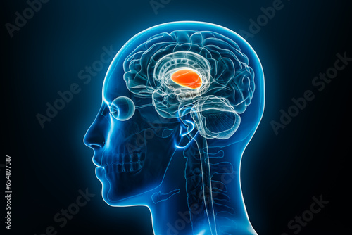 Xray lateral or profile view of the thalamus 3D rendering illustration with male body contours. Human brain and limbi system anatomy, medical, biology, neuroscience, neurology concepts.