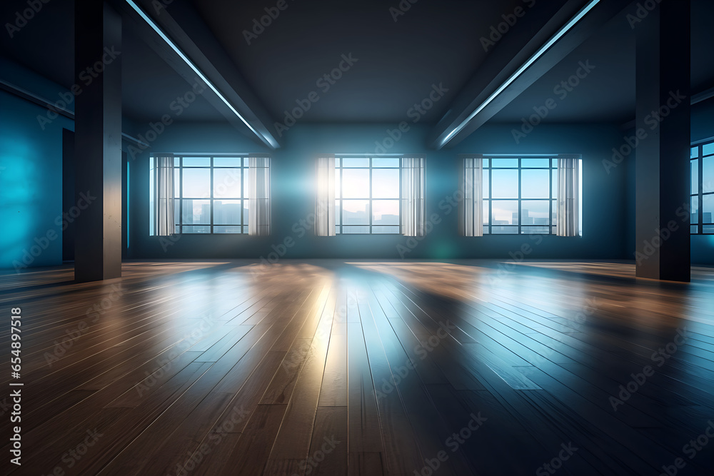 Empty office space, light from windows, luxurious wooden floor. Space for text, or advertising