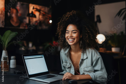 Joyful young woman blogger