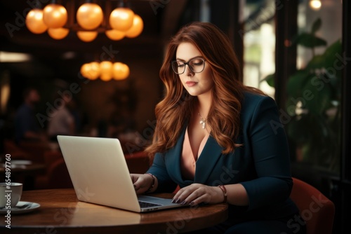 a 35 years old plus size manager using laptop computer on the go