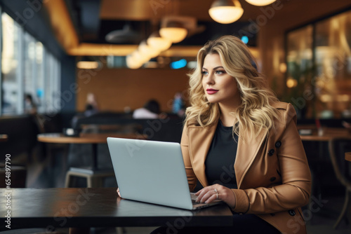 a 35 years old plus size manager using laptop computer on the go